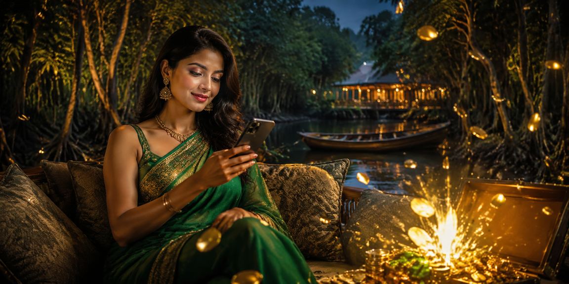 সুন্দরবনের প্রকৃতির মাঝে মোবাইলে gv444 জ্যাকপট কৌশল পড়ছেন একজন বাংলাদেশি নারী
